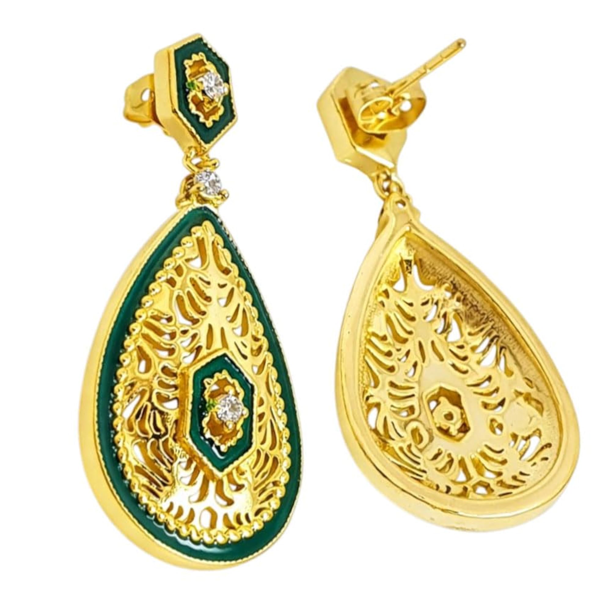 Elegant 18K Gold Plated Green Enamel Meenakari Dangle Earrings